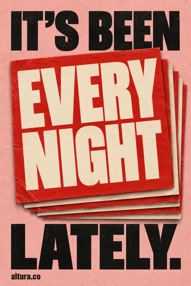 “It’s been every night lately.” Black lettering on pink with stacked red and cream cards.