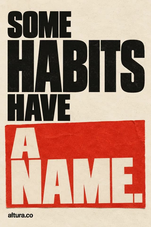 “Some habits have a name.” Black lettering on cream with the last words on a red card.