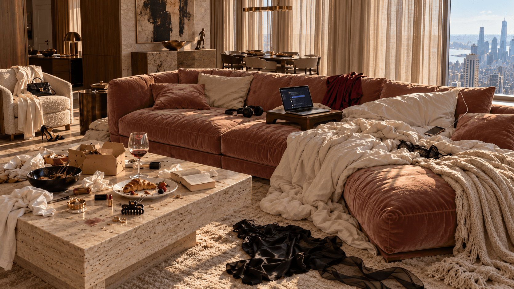 Morning light in a Manhattan penthouse: a laptop open to a conversation on a tray over a terracotta sofa, rumpled sheets, headphones and a phone; breakfast, wine and jewelry on the marble table, a black dress and heels nearby.