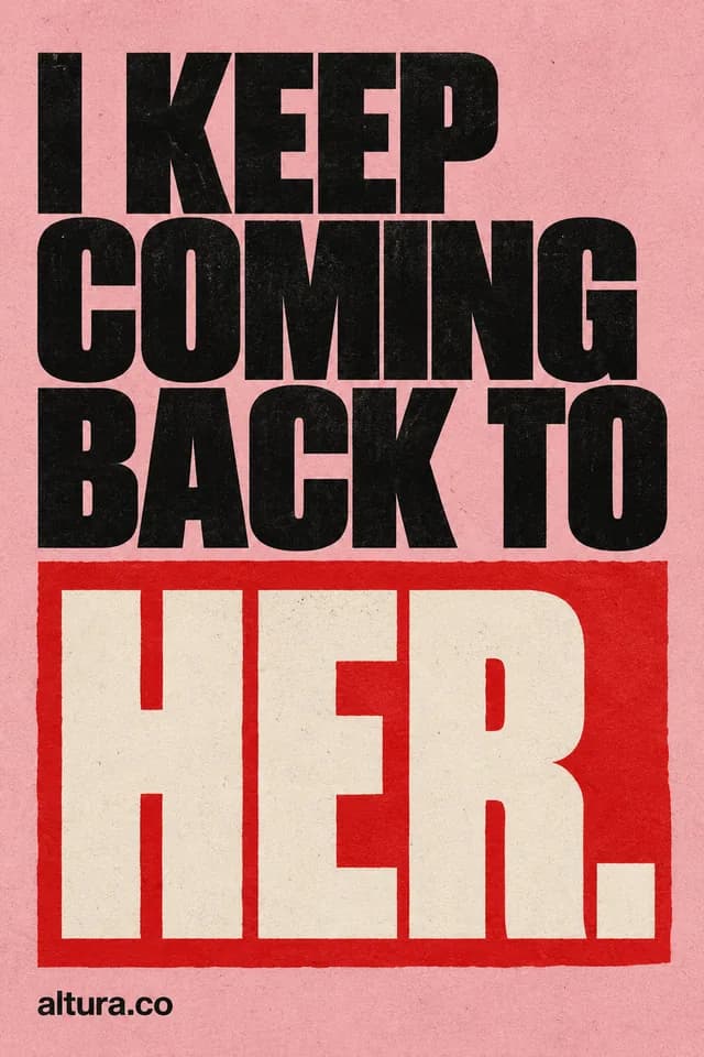 “I keep coming back to her.” Black lettering on pink with “her” in cream on red.