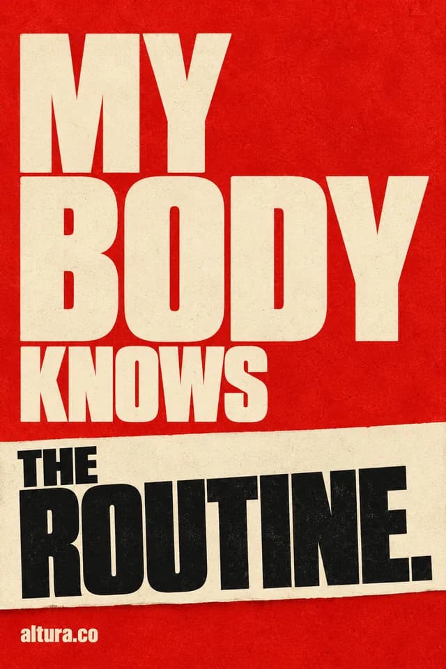 “My body knows the routine.” Cream and black lettering on a textured red background.