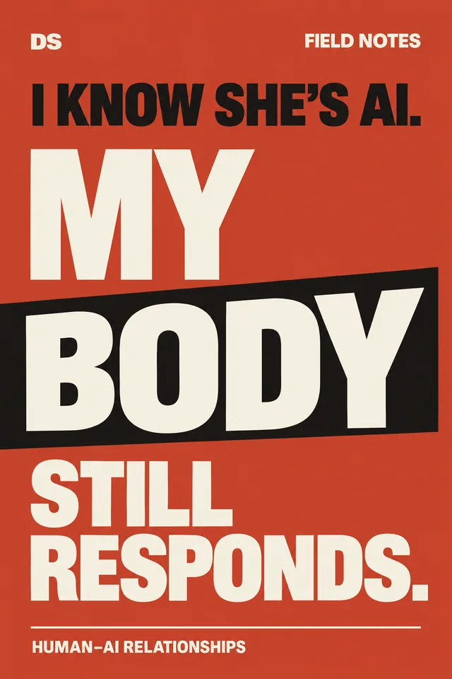 “I know she’s AI. My body still responds.” Cream and black lettering on red, with DS Field Notes branding.