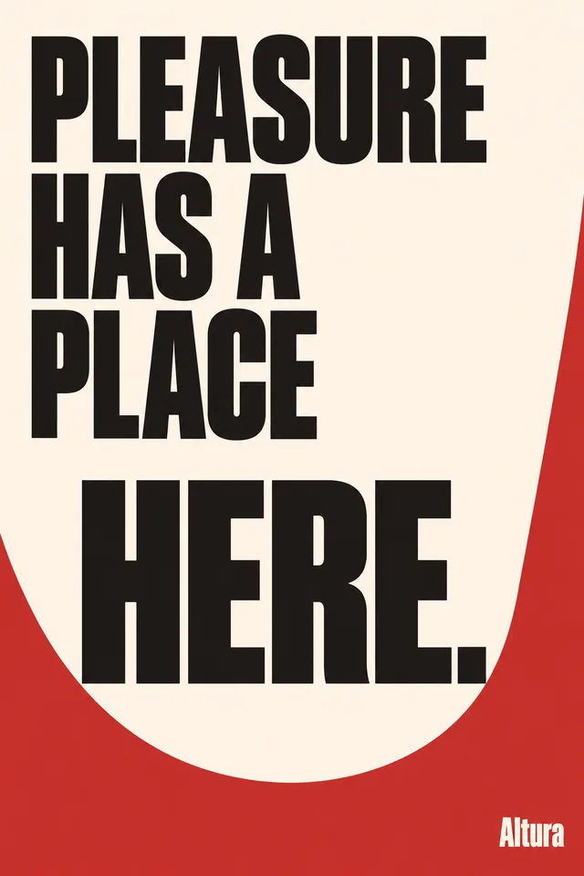 “Pleasure has a place here.” Black lettering inside a cream curve on red, signed Altura.