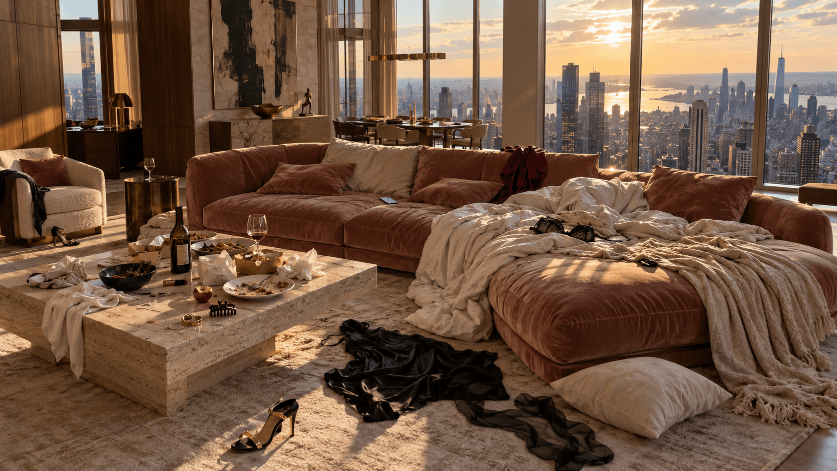 Un penthouse en Manhattan al atardecer: un sofá terracota con sábanas revueltas, un sostén negro y una manta, un vestido de seda y tacones en el piso, vino tinto y comida sin terminar sobre la mesa de mármol.